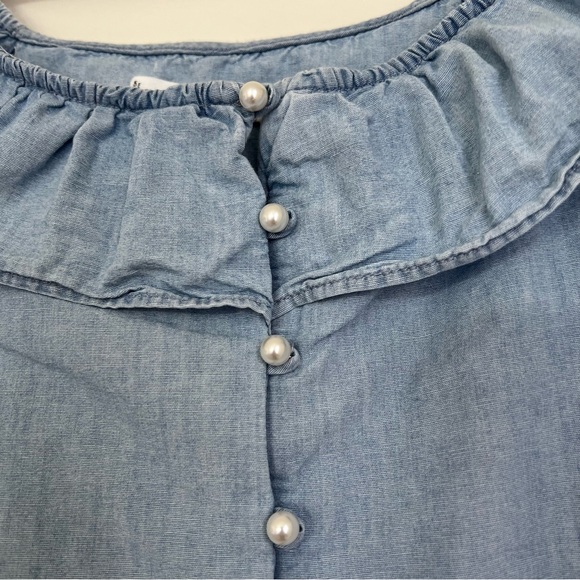 Mango Denim Pearl Ruffle Button Down Coquette Off the Shoulder Tank Top Size XS - Picture 4 of 7